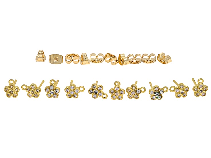 Gold Tone & Cubic Zirconia 7mm Flower Stud with Jump Rings & Earring Backs Set of 5 Pairs