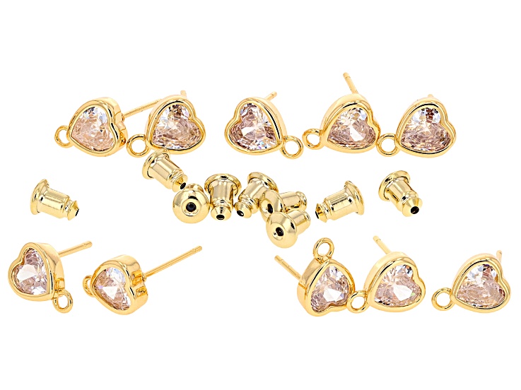 Gold Tone & Cubic Zirconia 10mm Heart Earring Stud with Jump Rings & Earring Backs Set of 10