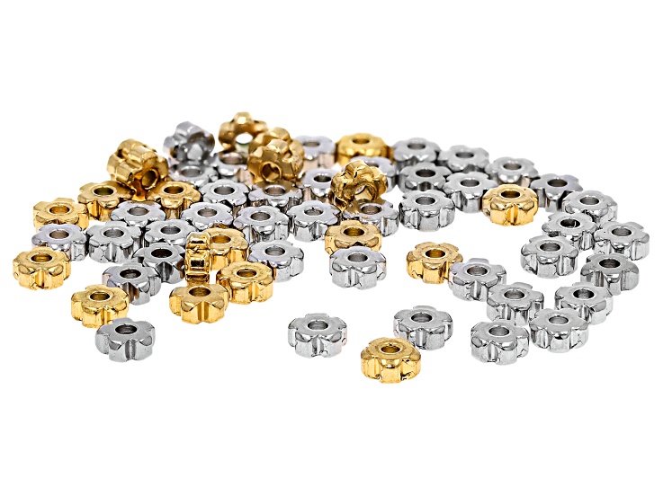 18k Gold Over Stainless Steel & Stainless Steel 4.8mm Flower Shaped Spacer Bead Set of 60