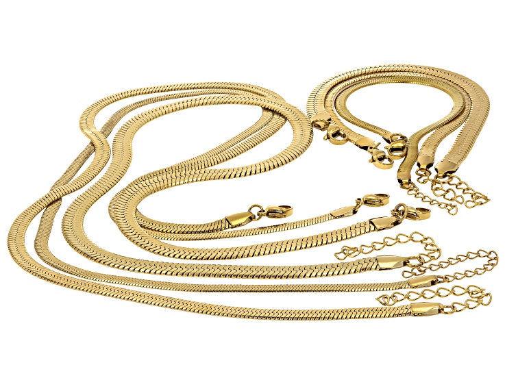 18k Gold Over Stainless Steel Bracelet & Necklace Snake Chain with Lobster Clasp Set of 6