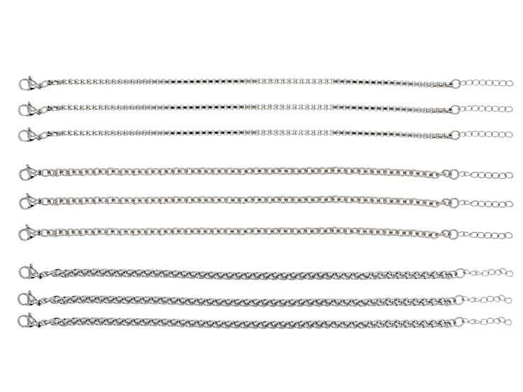 Stainless Steel 8" Bracelet Chain with Lobster Clasp & 1" Extension Chain Set of 9