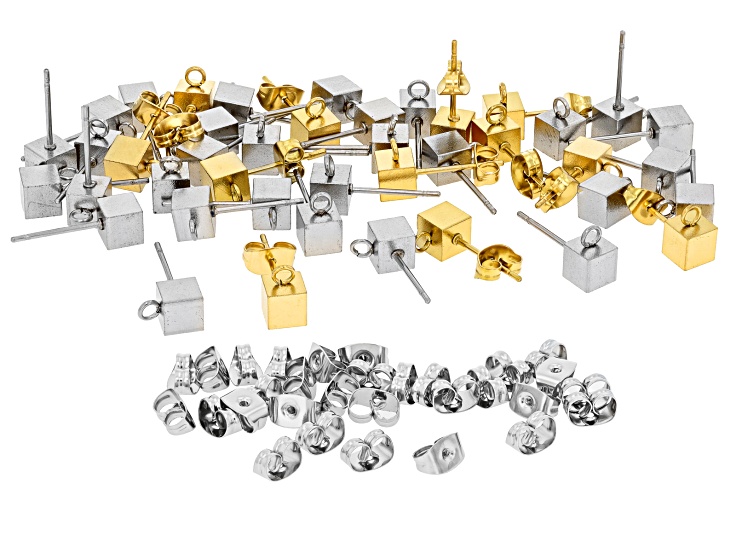 18k Gold Over Stainless Steel & Stainless Steel 5mm Cube Earring Studs with Jump Rings Set of 42