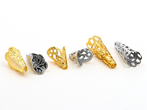 Fancy Filigree Cone Caps in Gold Tone & Rhodium Tone in Assorted Sizes appx 600 Total Pieces
