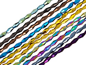 Multicolor Metallic Glass 9x4.5mm Long Bicone Bead Strand Set of 10