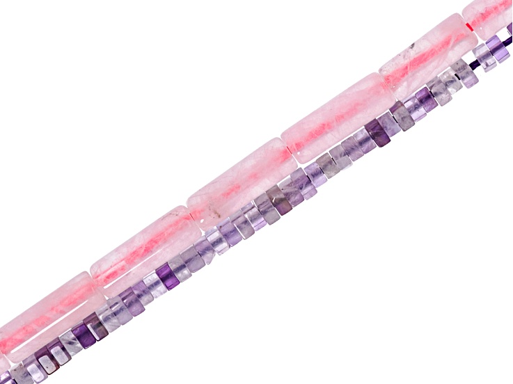 Rose Quartz 13x4mm Cylinder & Amethyst 1.5x2mm Square Spacer Bead Strands Set of 2