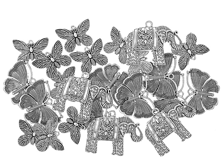 Silver Tone Butterfly & Elephant Focal Pendant Set of 24