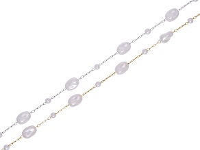 Stainless Steel & 18k Gold Stainless Steel Tumbled & Round Simulated Pearl Unfinished Chain Set of 2