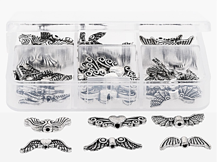 Antique Silver Tone Assorted Style Angel Wing Bead Set of 60