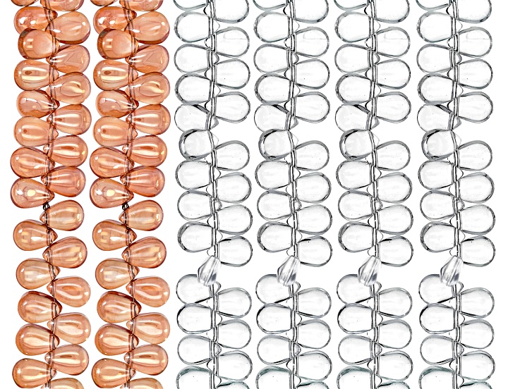 Clear & Iridescent Champagne Glass 9x6mm Teardrop Bead Strand Set of 6