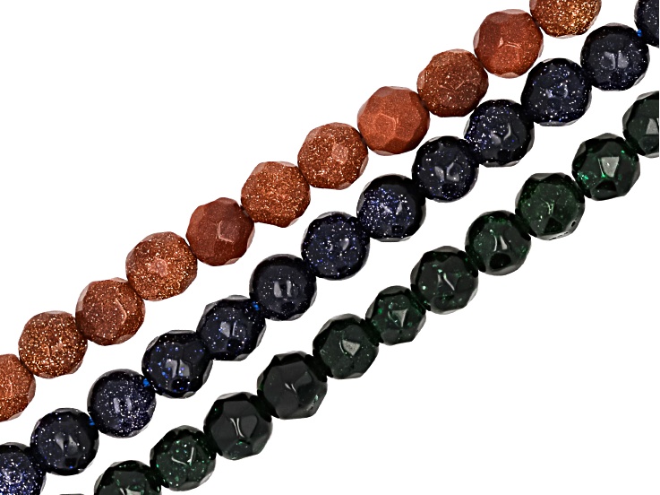 Green, Blue, & Brown Goldstone 6mm Faceted Round Bead Strand Approximately 15-16" in Length