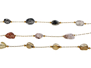 Golden, Tourmalated, & Rutilated Quartz Beaded 18k Gold Over Stainless Steel Chain Set of 3