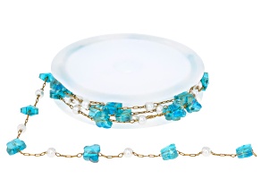 Blue Glass Butterfly & Round Acrylic Pearl Beaded 18K Gold Over Stainless Steel Chain 1 Meter