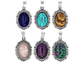Multi-Stone & Silver Tone 30x20mm Pendant Set of 6