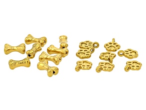 18k Gold Over Stainless Steel Textured Paw & Bone Shaped Bead & Charm Set of 16