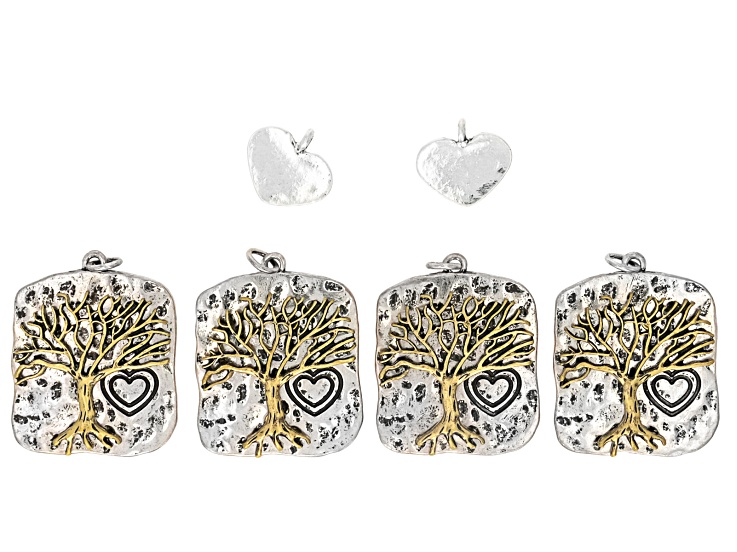 Silver Tone 26x30mm Tree of Life & 16mm Heart Pendant Set of 6