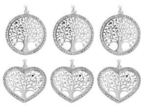Silver Tone Round and Heart Shape Tree of Life Pendant Set of 6