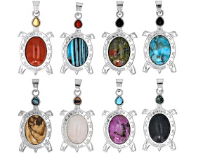 Multistone Framed Turtle Pendant Set of 8