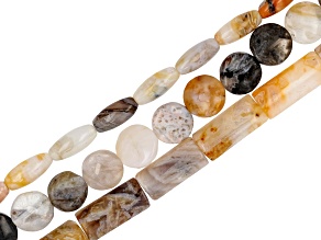 Silver Needle Agate Coin, Rice, and Rectangular Bead Strand Set of 3