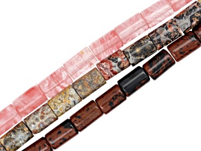 Mohagany Obsidian, Cherry Glass and Leopard Jasper 8x12 Tube Large Hole Bead Set of 3