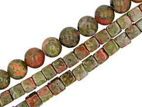 Unakite 10mm Round and 6mm Cube Large Hole Bead Strand Set of 3