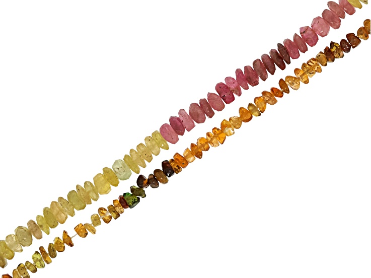 Green Tourmaline 4mm Chip & Multicolor Tourmaline 5mm Rondelle Bead Strand Set of 2