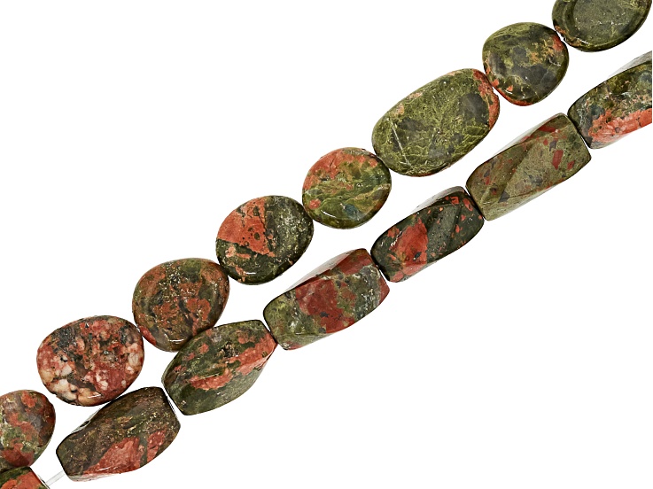 Unakite 10-15mm Oval & 8x17mm Twisted Tube Bead Strand Set of 2