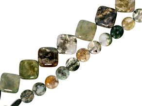 Moss Agate 8mm Puffy Coin & 14mm Diamond Shape Bead Strand Set of 2