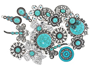 Antique Silver Tone & Blue Magnesite 30x22-50x36mm Assorted Focal Set of 17