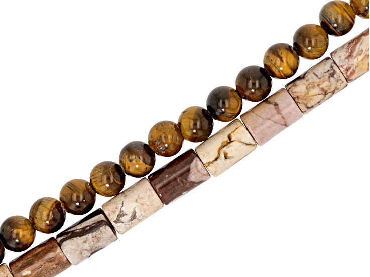 Tiger's Eye 8mm Large Hole Round & Zebra Jasper 8x12mm Tube Bead Strand Set of 2