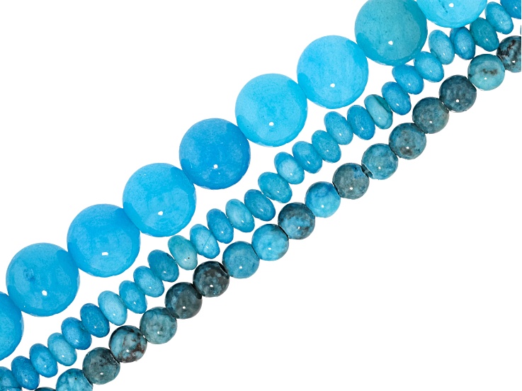 Blue Turquoise Color Quartzite Large Hole 12 & 6mm Round & 6mm Rondelle Bead Strand Set of 2