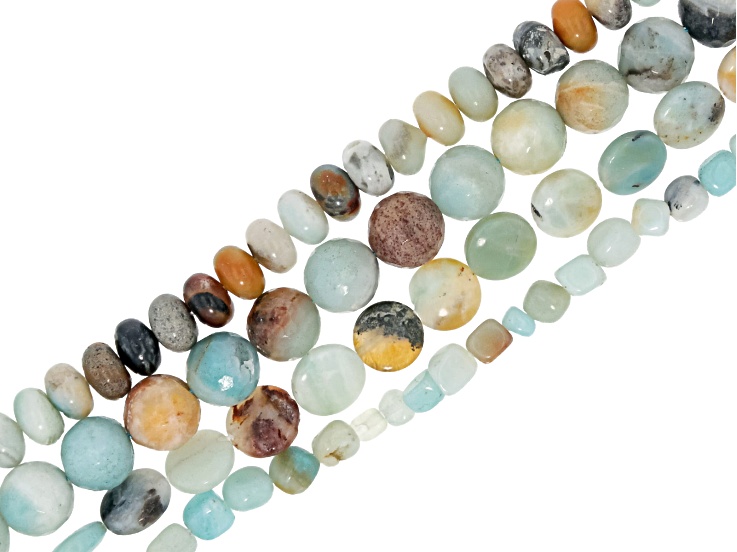 Amazonite 8mm Rondelle, 10mm Coin, 10mm Faceted Round & Mini Nugget Bead Strand Set of 4
