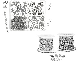 Unfinished Stainless Steel Diamond Cut Square Link & Oval Link Chain & Findings Assortment Set