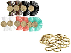 Multicolor 55mm Fan Tassels & 18K Gold Over Stainless Steel Huggie Lever Back with Jump Rings Set