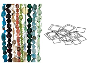Multi-Stone 5x8mm Nugget Bead Strands & Stainless Steel Square Links Set