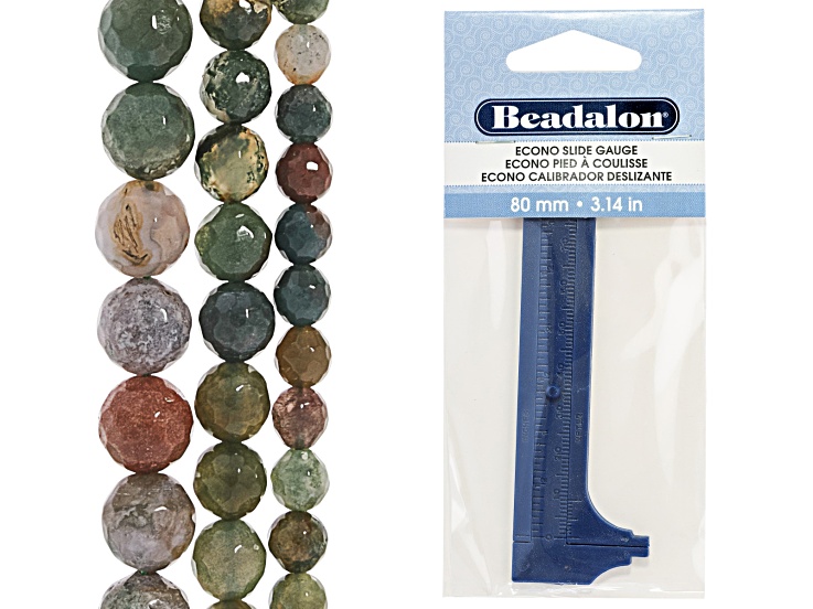 Econo Slide Bead Gauge & Mixed Ornamental Stone 6mm, 8mm, & 10mm Faceted Round Bead Strands Set