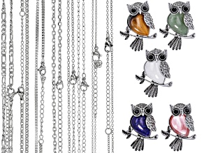 Stainless Steel Finished Chain & Multi-Stone 46x34mm Owl Pendant Set of 13