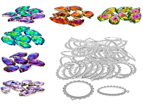 Silver Tone Open Pendant & Peacock Iridescent Faceted Teardrop Glass Dangles Set of 82