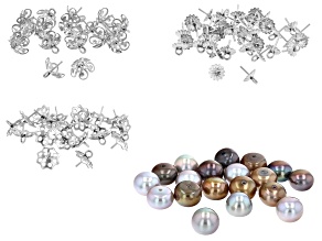 Cultured Freshwater Pearl 7-8mm Half-Drilled Buttons & Stainless Steel Flower Cup & Peg Set