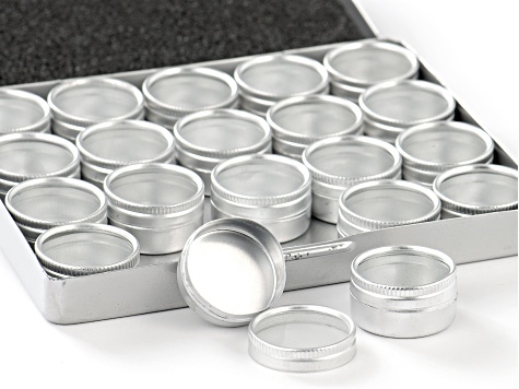 Aluminum Box with 20 Round Shape Glass Top Aluminum Containers appx 30x18mm