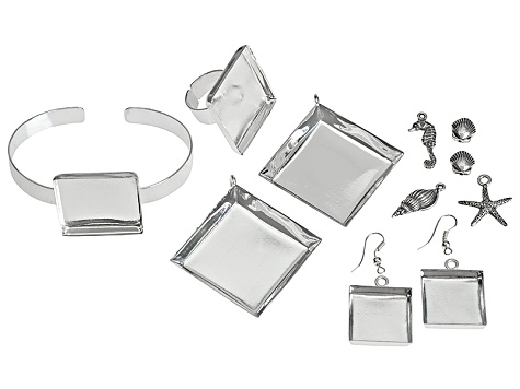 Bezel & Embeddables Kit incl 2 Pendant Bezels, 1 Pair Earring Bezels,Square Ring Bezel, & Bracelet