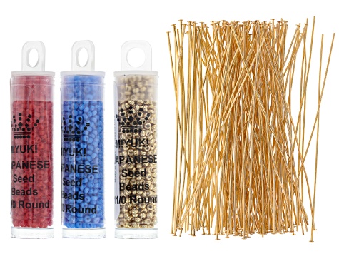 Seed Bead Supply Kit in 11/0 Red, Gold Color & Blue Appx 8.5GM Each & 3" Headpins in Gold Tone