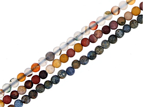 Pre-Owned Matte Dendritic Orange Agate, Mookaite, Dumortierite in Quartz Round Bead Strand Set of 3