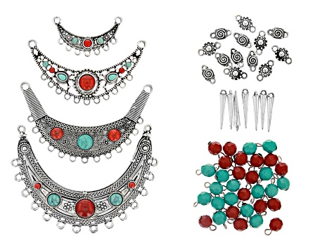 Pre-Owned Focal Pendant and Assorted Component Kit in Antiqued Silver Tone with Coral and Turquoise