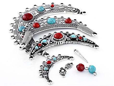 Pre-Owned Focal Pendant and Assorted Component Kit in Antiqued Silver Tone with Coral and Turquoise