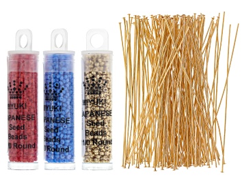 Picture of Pre-Owned Seed Bead Supply Kit in 11/0 Red, Gold Color & Blue Appx 8.5GM Each & 3" Headpins in Gold