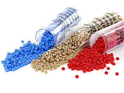 Pre-Owned Seed Bead Supply Kit in 11/0 Red, Gold Color & Blue Appx 8.5GM Each & 3" Headpins in Gold