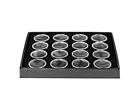 16 Round Push-Top Gem Jars in a Black Tray with Black Background