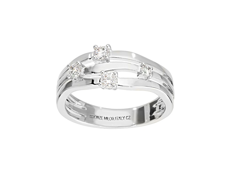 White Cubic Zirconia, Rhodium Plated Over Bronze, Multi-Row Split Shank Ring, 0.20 carat