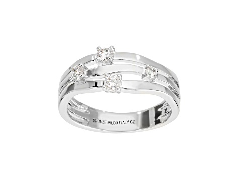 White Cubic Zirconia, Rhodium Plated Over Bronze, Multi-Row Split Shank Ring, 0.20 carat