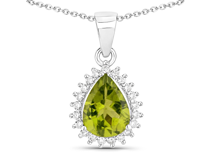 Olive Green Peridot and Lab Grown Diamond Sterling Silver Pendant with Chain 1.67ctw